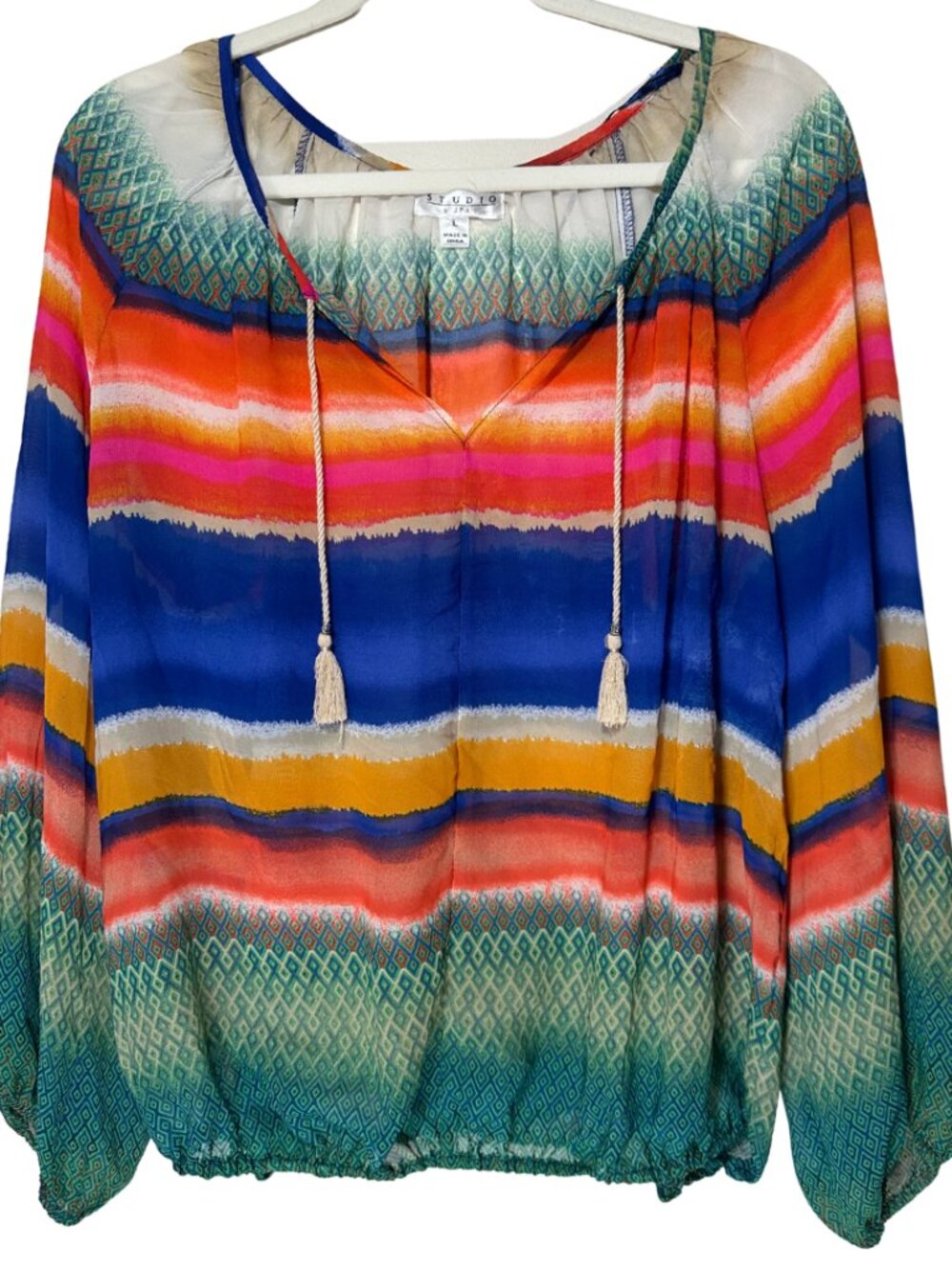 Studio JPR Multicolor Boho Tassel V‑Neck Sheer Long Sleeve Top — Size Large
